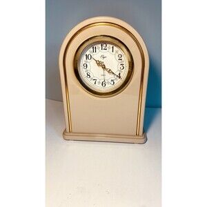 VTG  Elgin Dome Quartz Clock Mantel Plastic Beige Tan W Gold Trim 12" WORKS